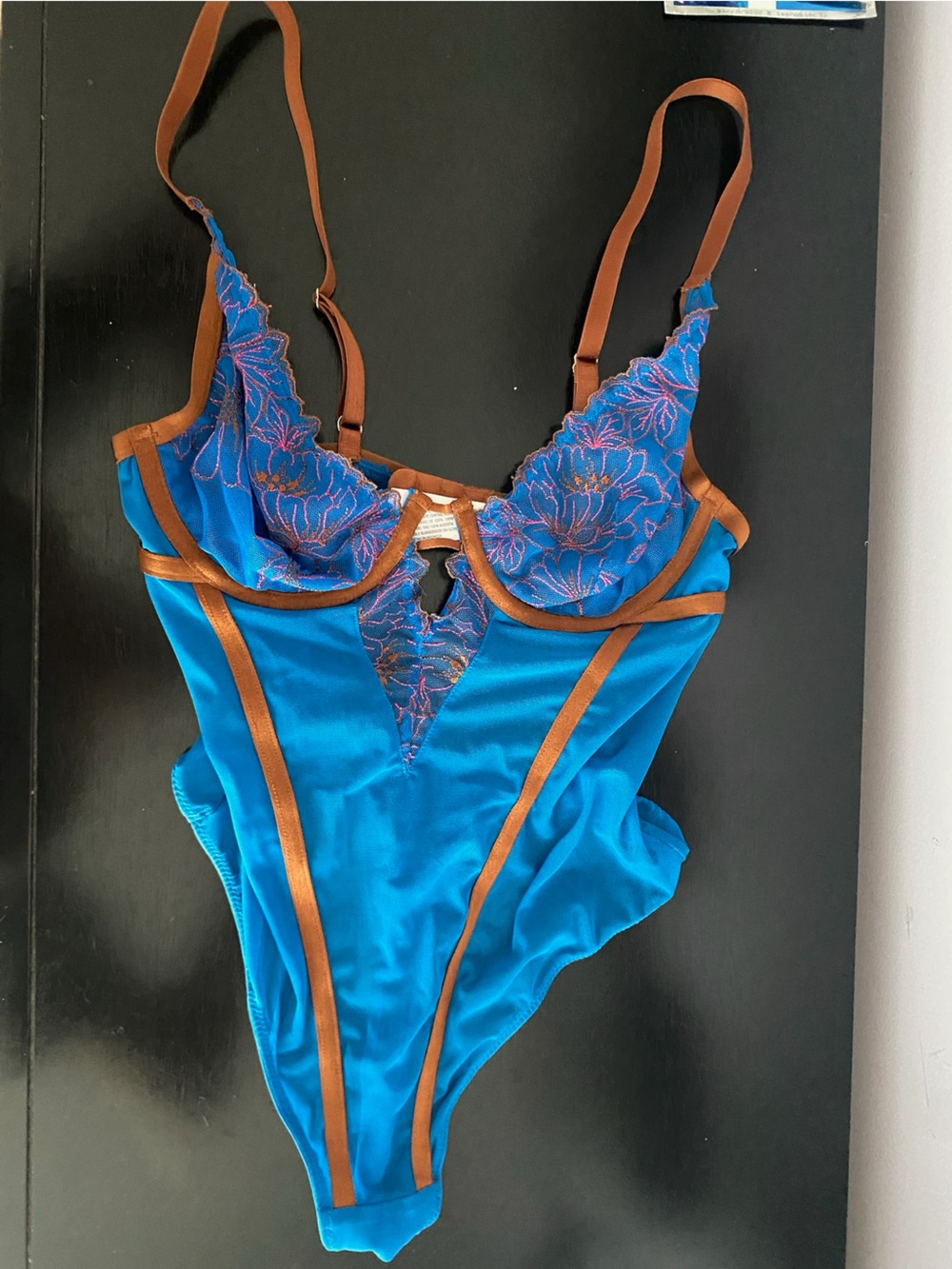 Auden Lace Mesh Underwire Lingerie Bodysuit Blue Brown Size XS NWOT